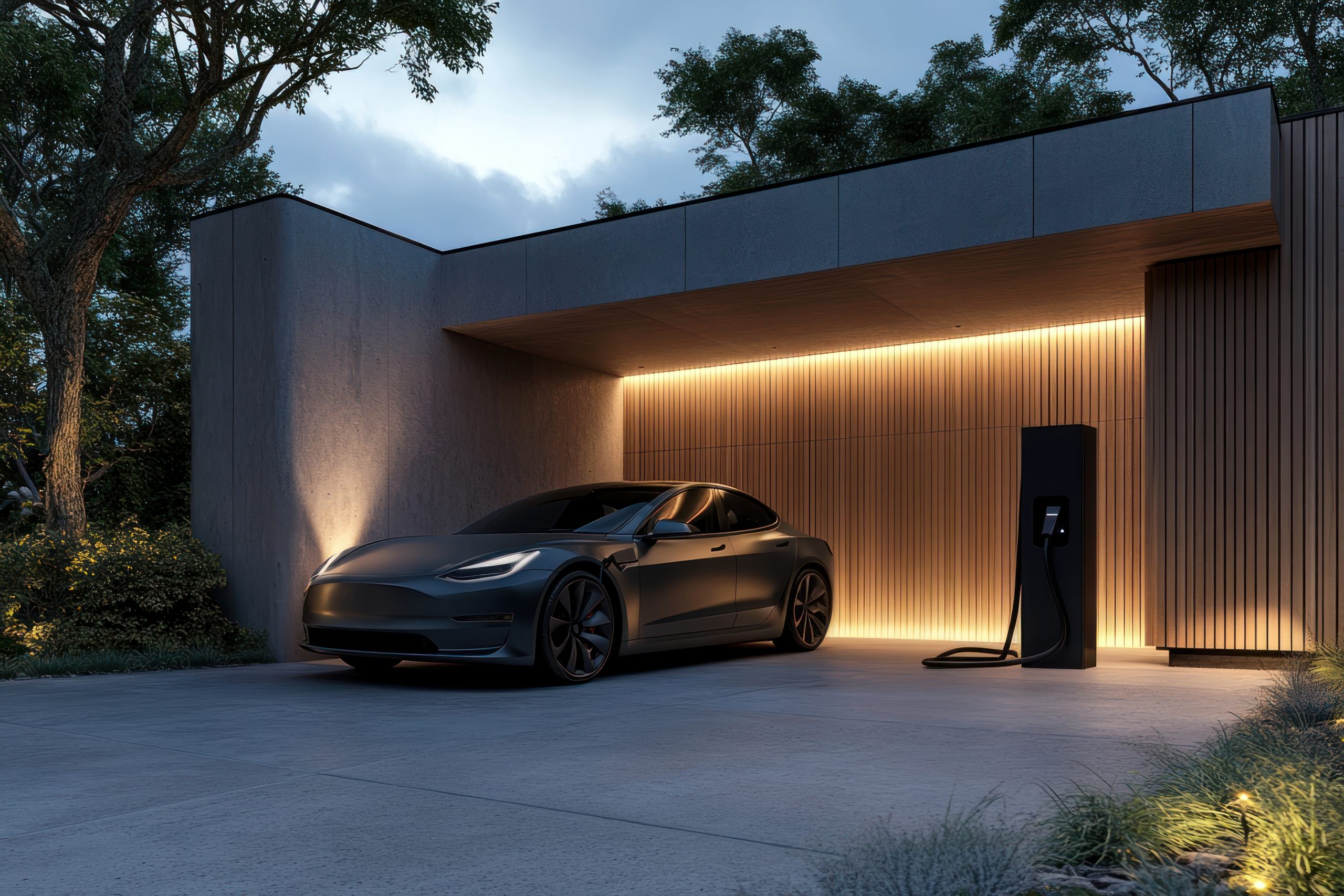Electric car charging station at home vehicle garage eco-friendly.